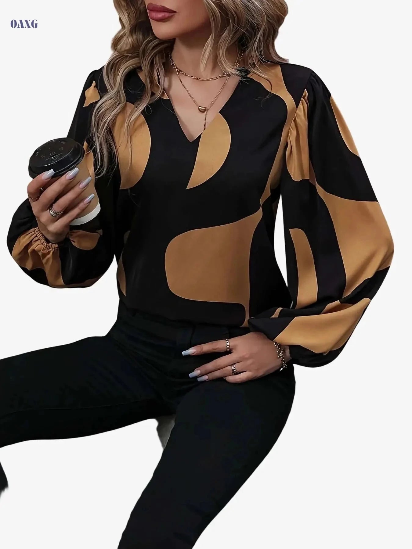 Elegant Color-Block Notched Collar Shirt - Lantern Sleeve Style   OAXG 