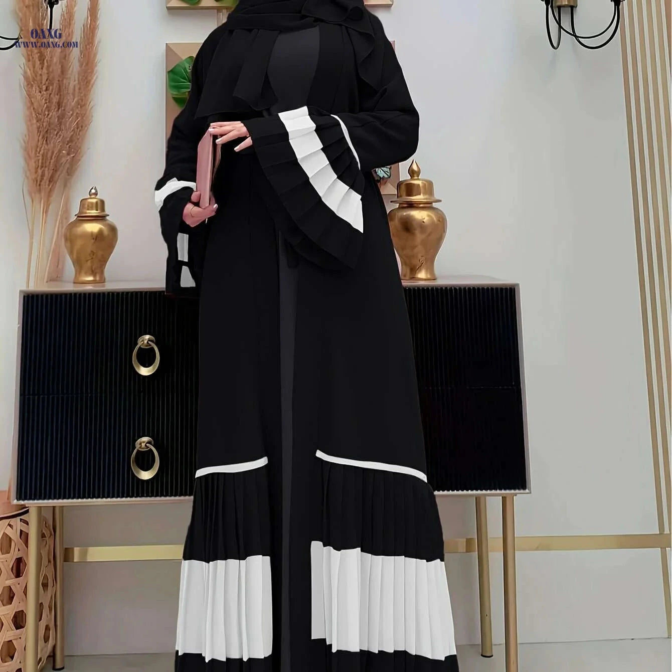 Elegant Color-Block Pleated Abaya - Muslim Women's Open Cardigan   OAXG 