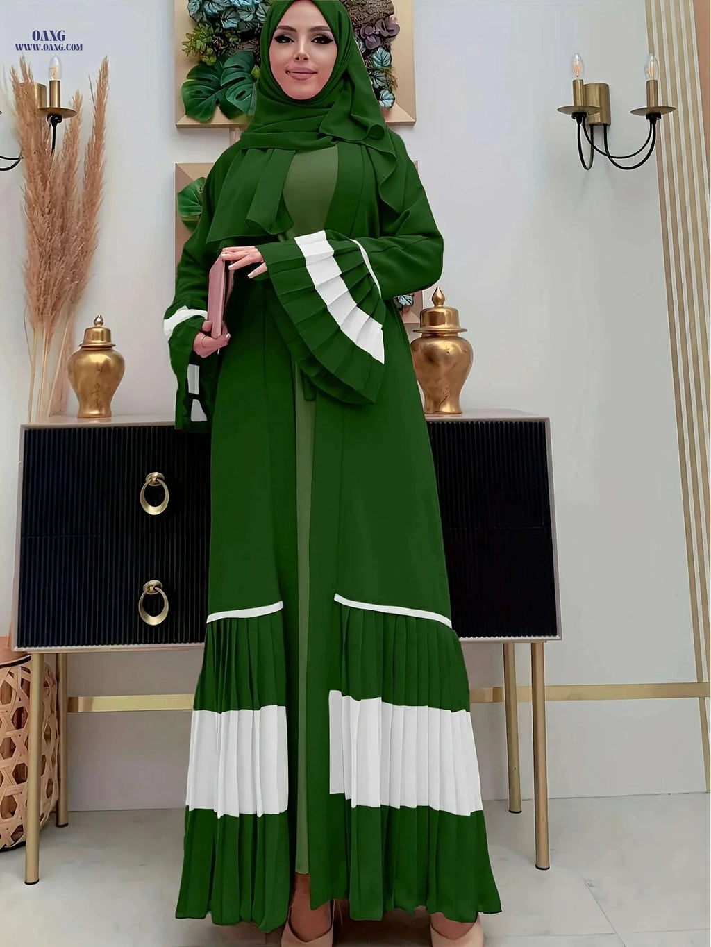 Elegant Color-Block Pleated Abaya - Muslim Women's Open Cardigan   OAXG 