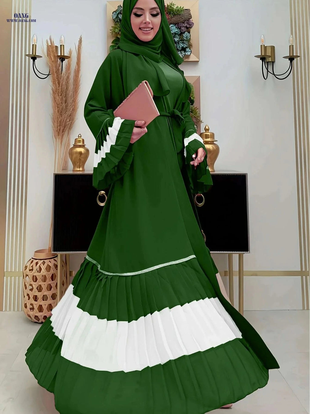Elegant Color-Block Pleated Abaya - Muslim Women's Open Cardigan   OAXG The color of rouge / S