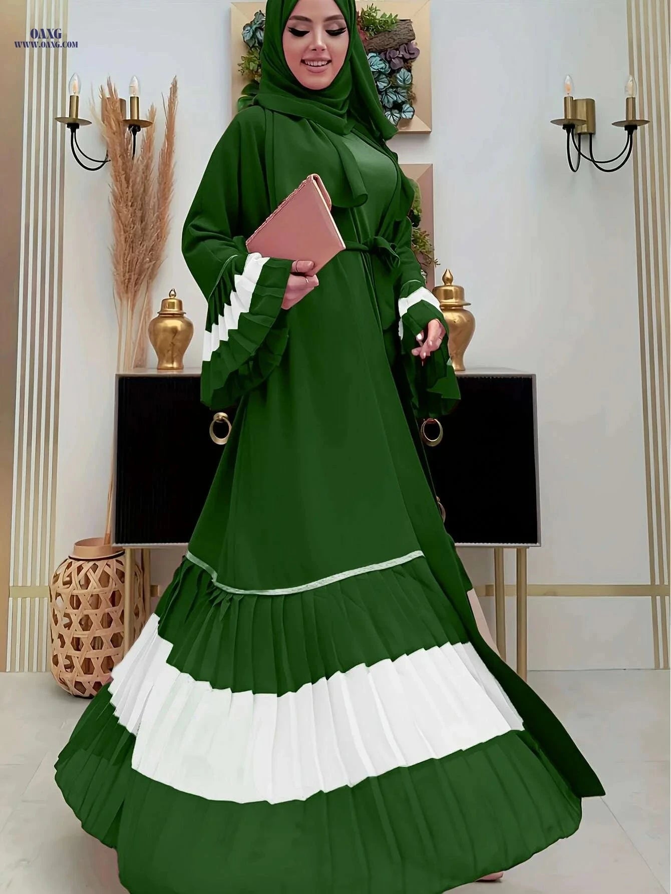 Elegant Color-Block Pleated Abaya - Muslim Women's Open Cardigan   OAXG The color of rouge / S