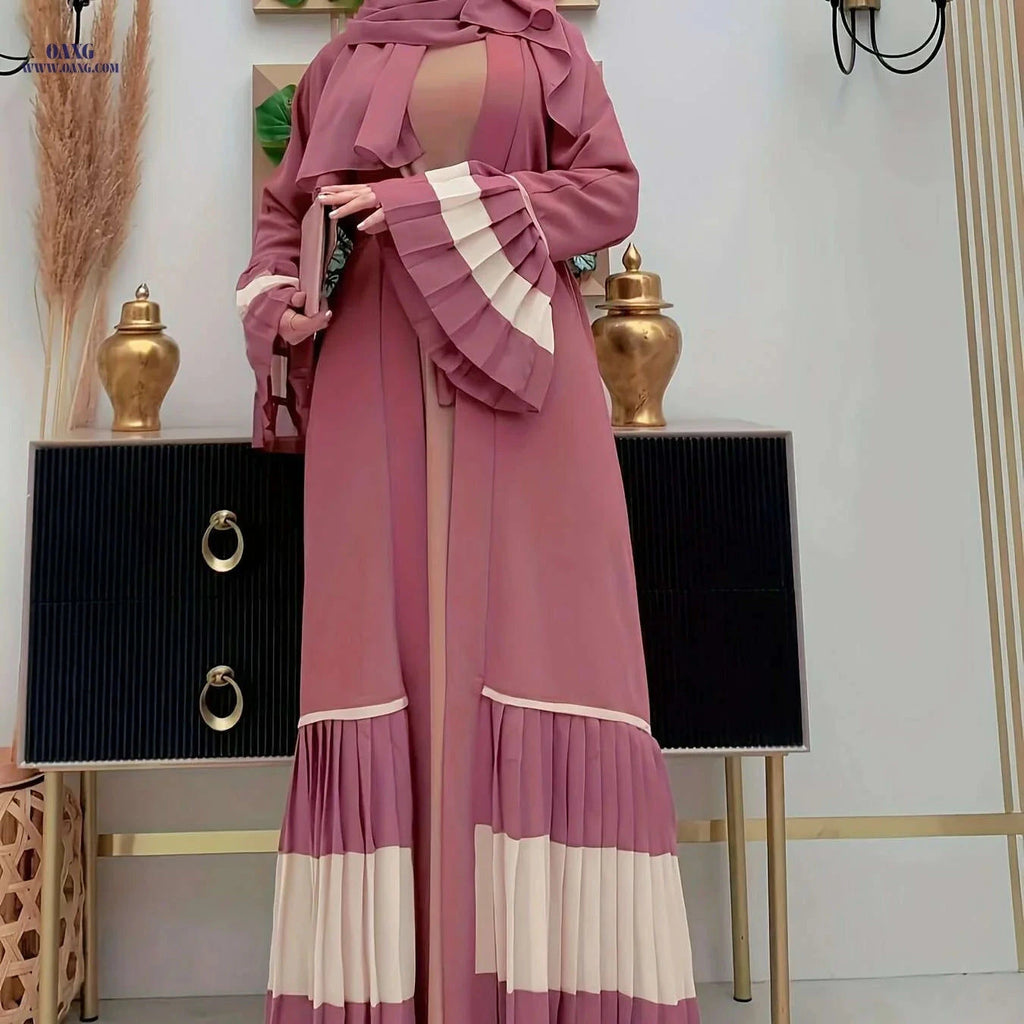 Elegant Color-Block Pleated Abaya - Muslim Women's Open Cardigan   OAXG The color of rouge / S
