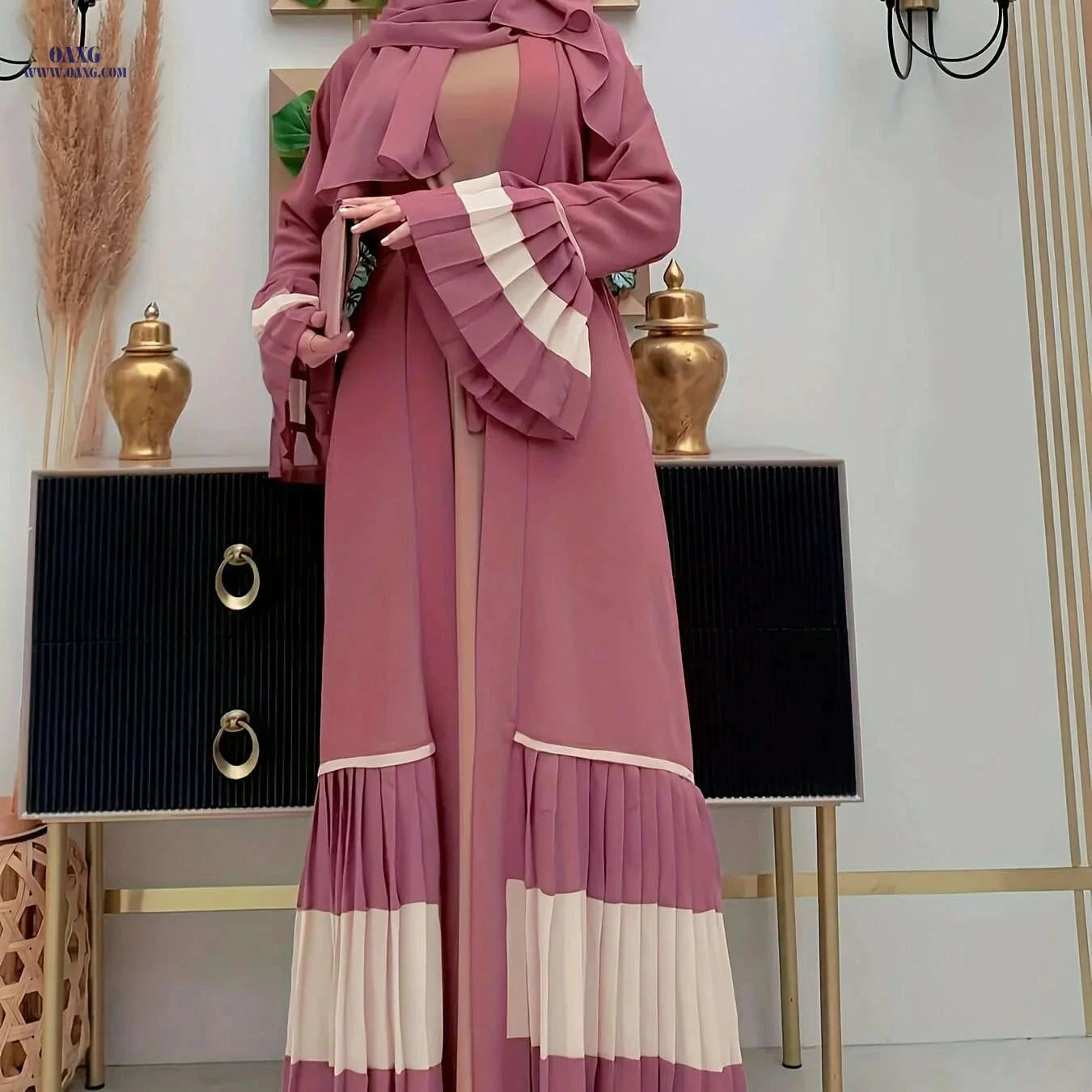 Elegant Color-Block Pleated Abaya - Muslim Women's Open Cardigan   OAXG The color of rouge / S