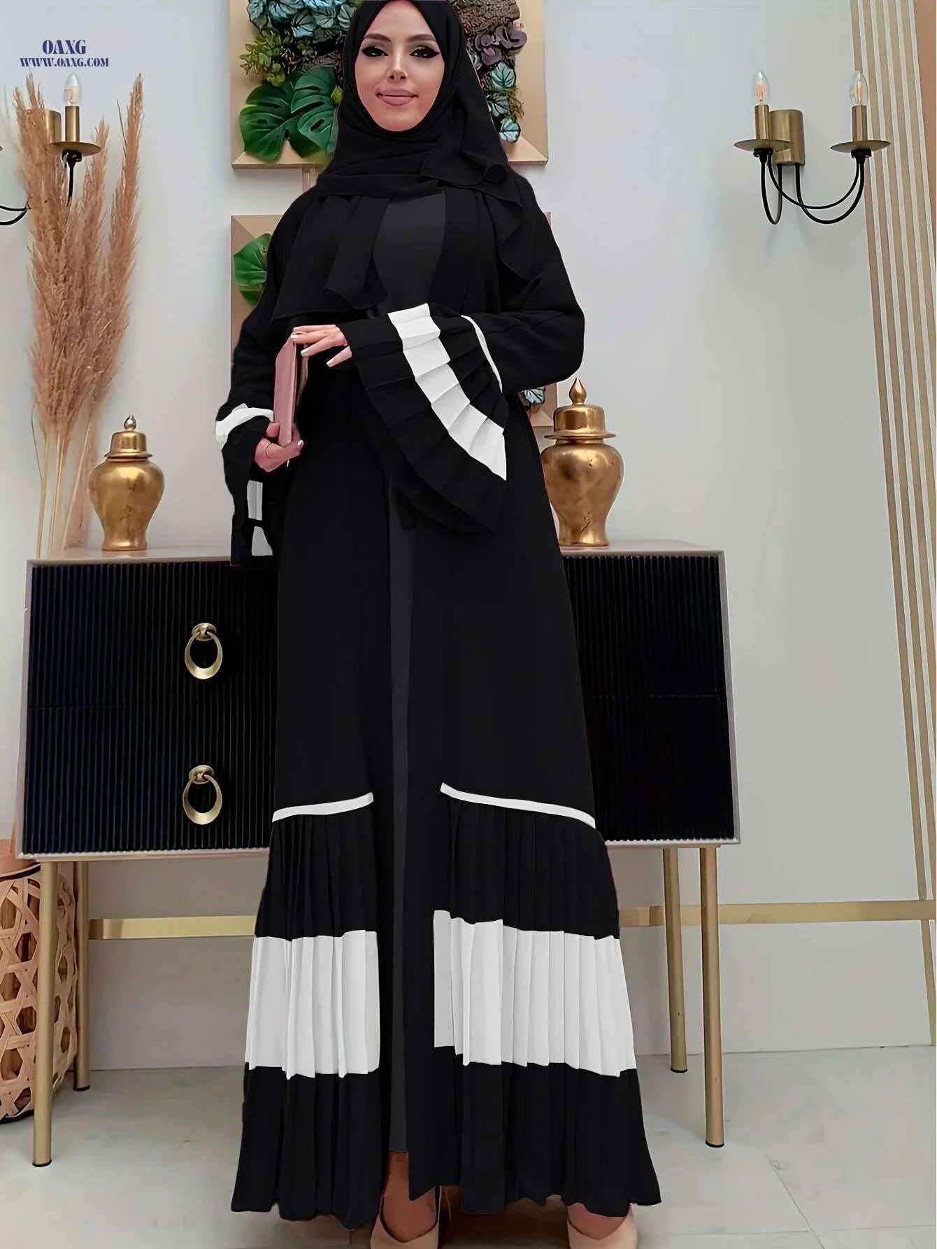 Elegant Color-Block Pleated Abaya - Muslim Women's Open Cardigan   OAXG The color of rouge / S