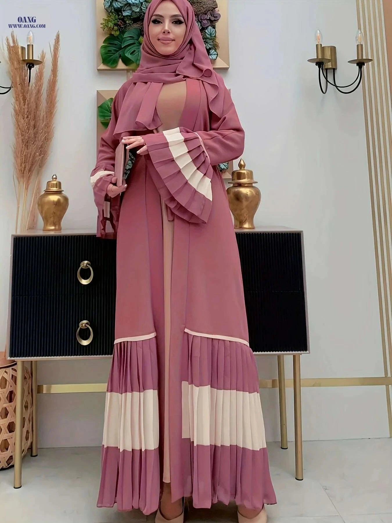 Elegant Color-Block Pleated Abaya - Muslim Women's Open Cardigan   OAXG The color of rouge / S