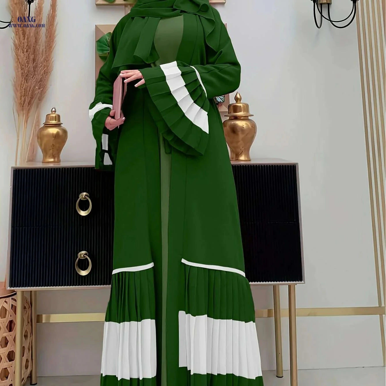 Elegant Color-Block Pleated Abaya - Muslim Women's Open Cardigan   OAXG The color of rouge / S