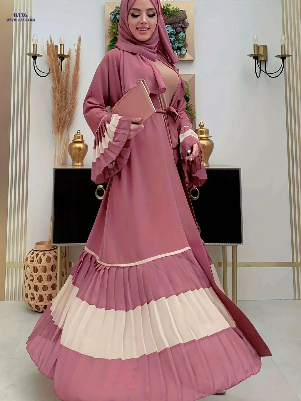 Elegant Color-Block Pleated Abaya - Muslim Women's Open Cardigan   OAXG 