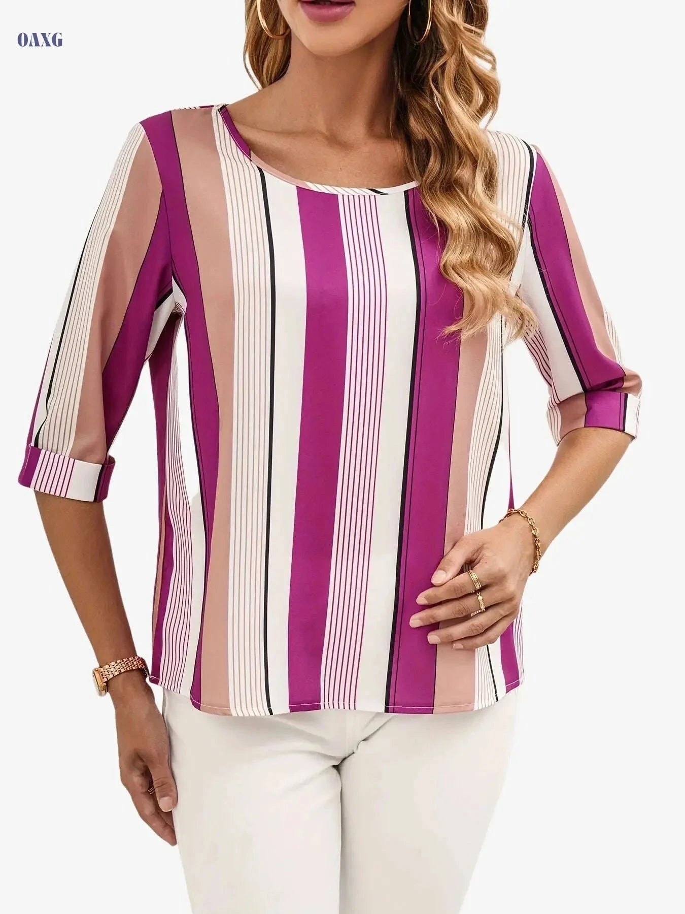 Elegant Color Block Striped Blouse - Women's Spring Crew Neck Top   OAXG 