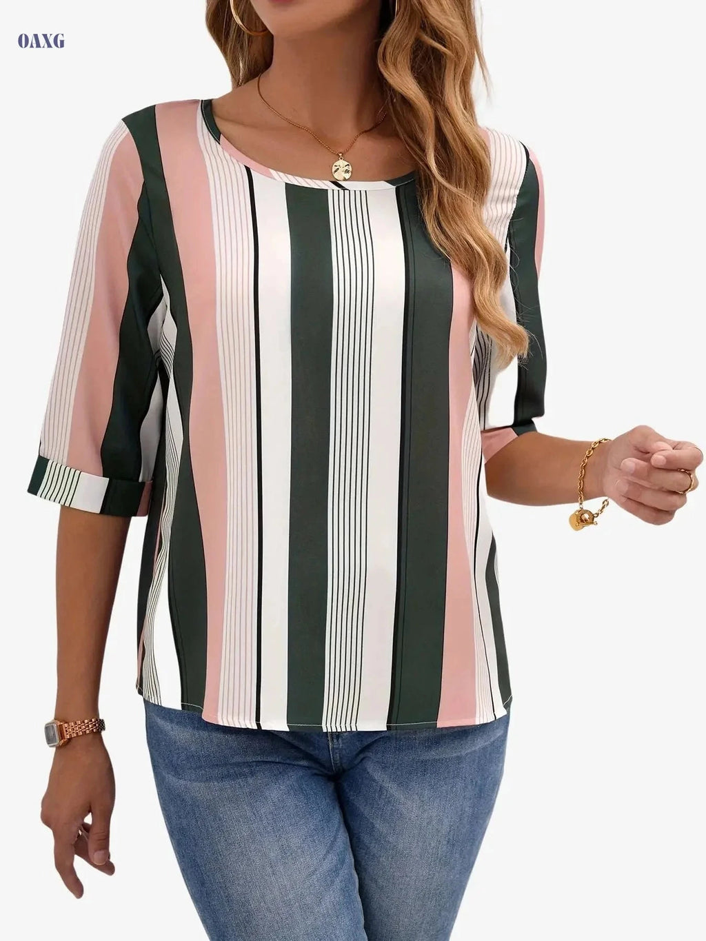 Elegant Color Block Striped Blouse - Women's Spring Crew Neck Top   OAXG 