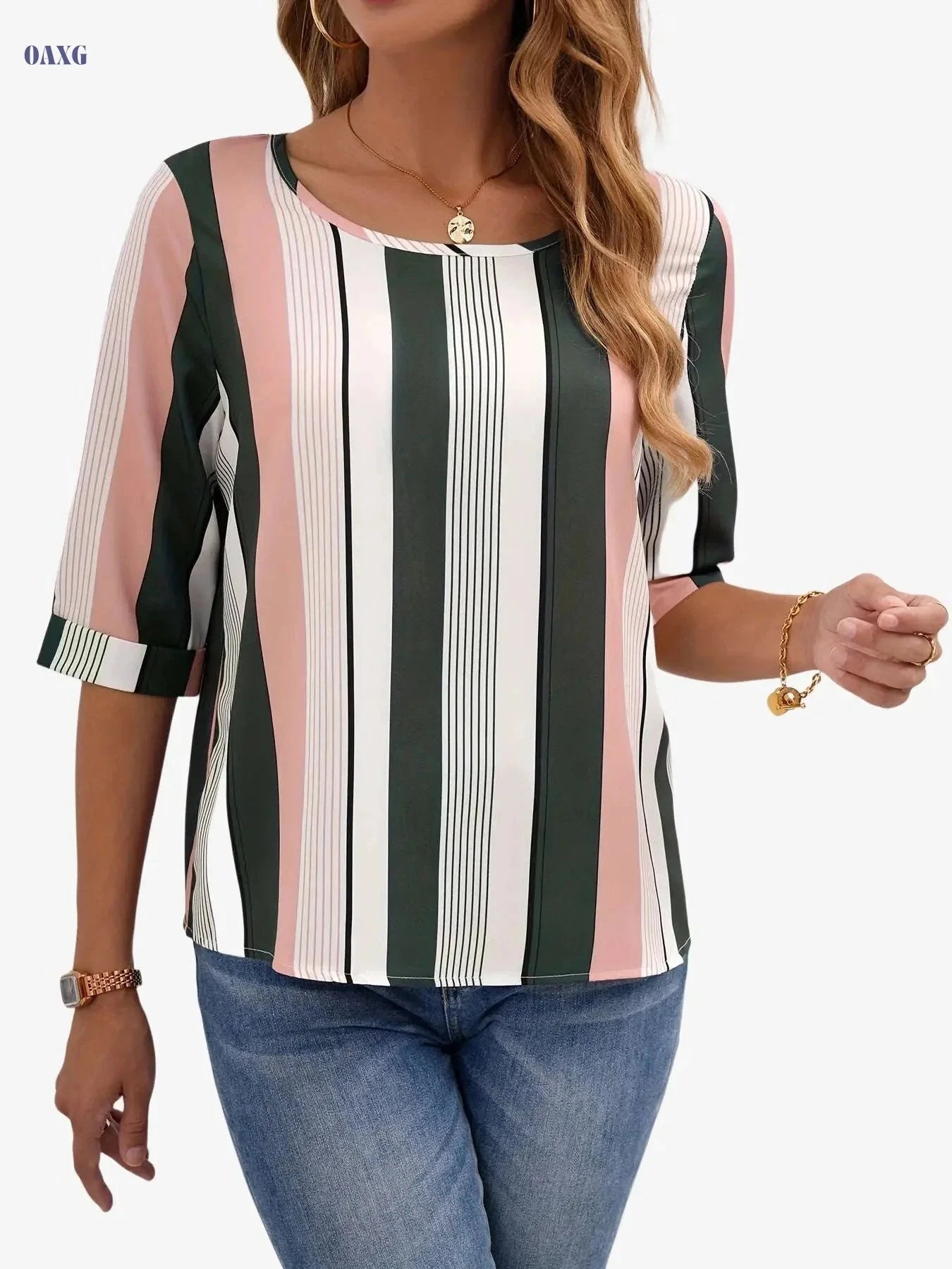Elegant Color Block Striped Blouse - Women's Spring Crew Neck Top   OAXG 