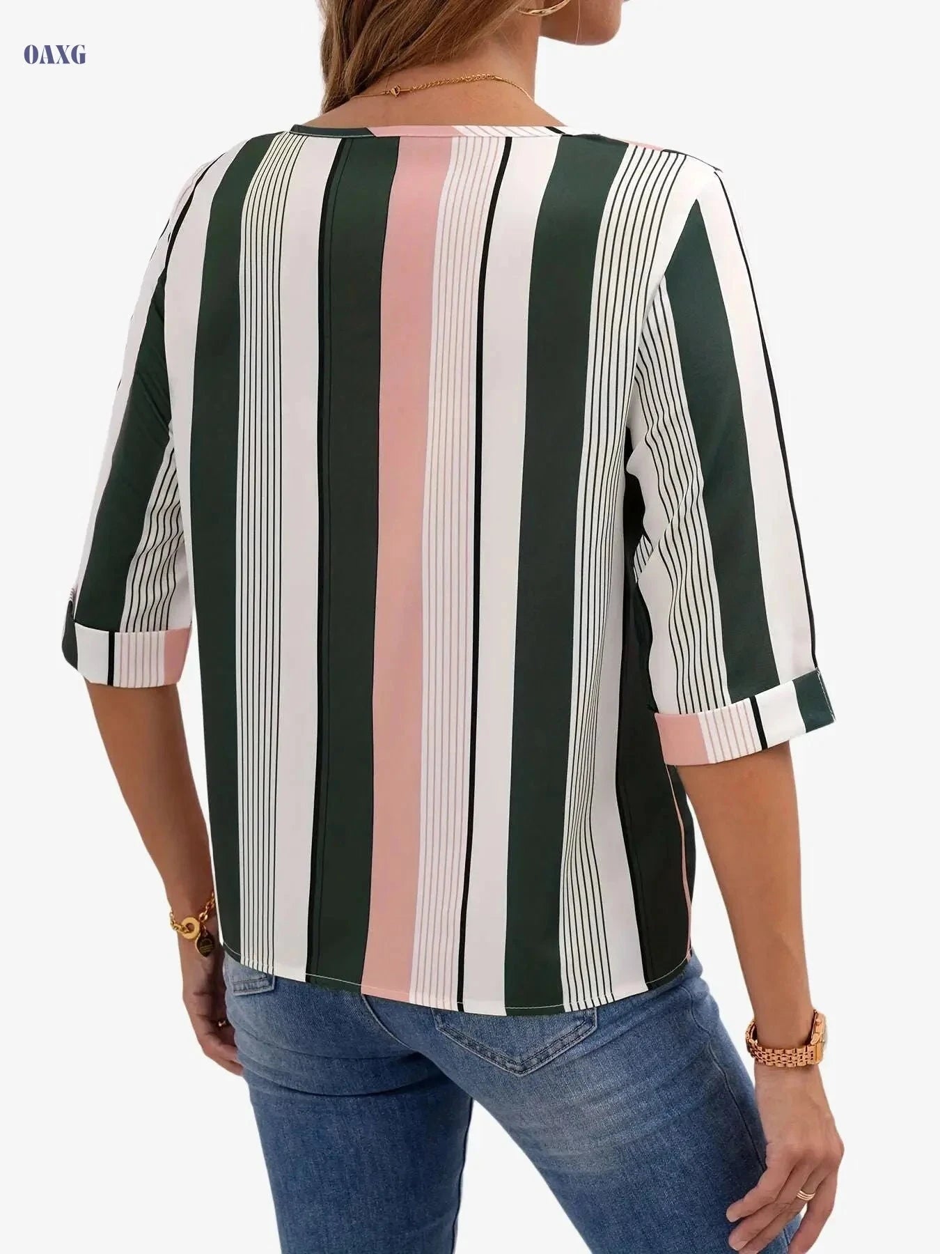 Elegant Color Block Striped Blouse - Women's Spring Crew Neck Top   OAXG 