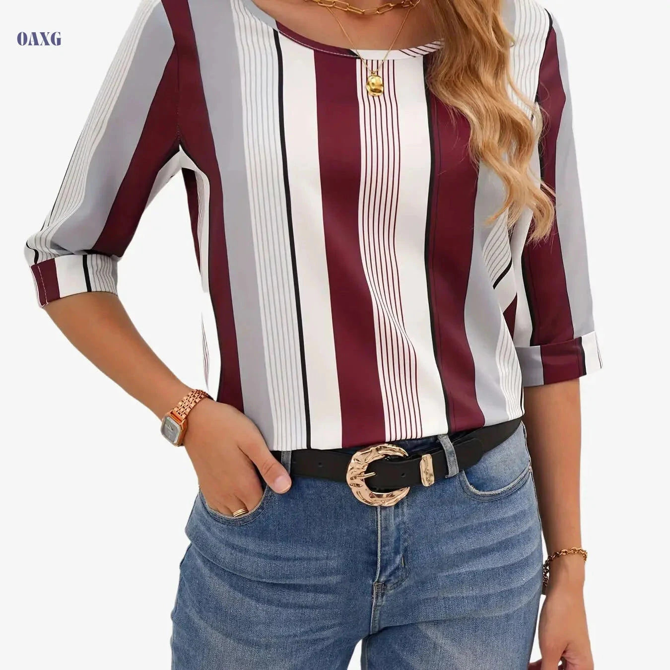 Elegant Color Block Striped Blouse - Women's Spring Crew Neck Top   OAXG Dark Red-A / S