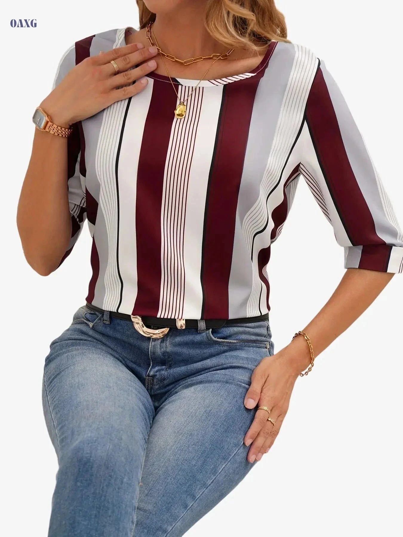 Elegant Color Block Striped Blouse - Women's Spring Crew Neck Top   OAXG Dark Red-A / S