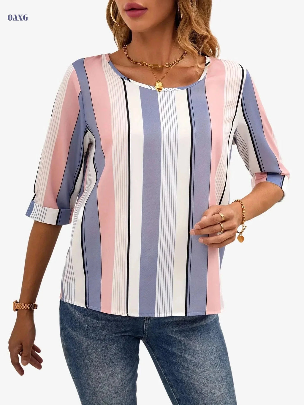 Elegant Color Block Striped Blouse - Women's Spring Crew Neck Top   OAXG Dark Red-A / S