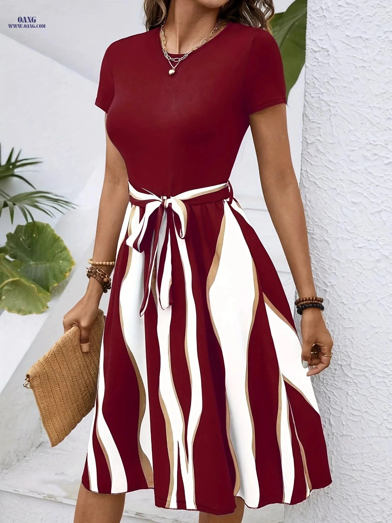 Elegant Color-Blocked Belted Dress - Fashionable Adult Style   OAXG 