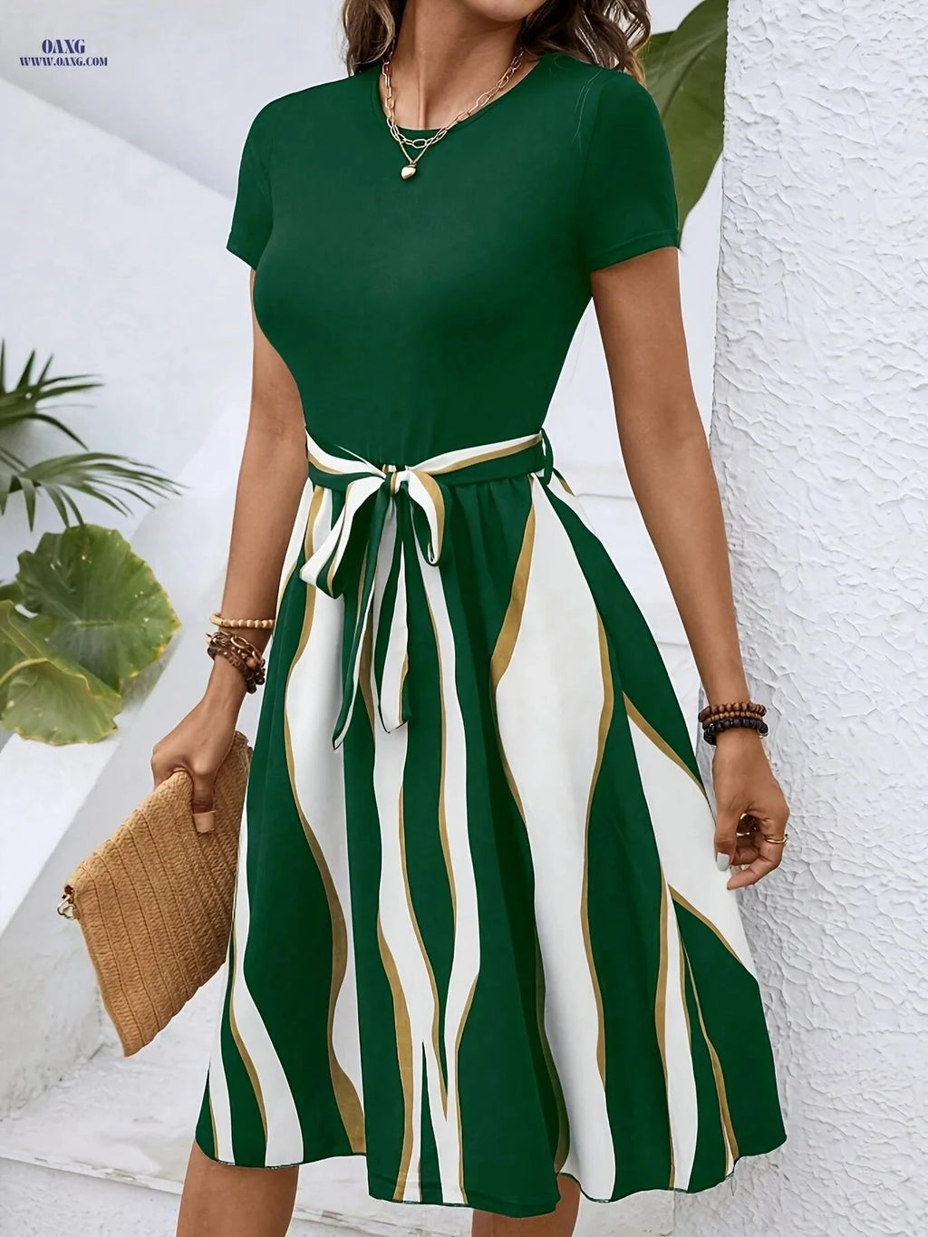 Elegant Color-Blocked Belted Dress - Fashionable Adult Style   OAXG Green / S