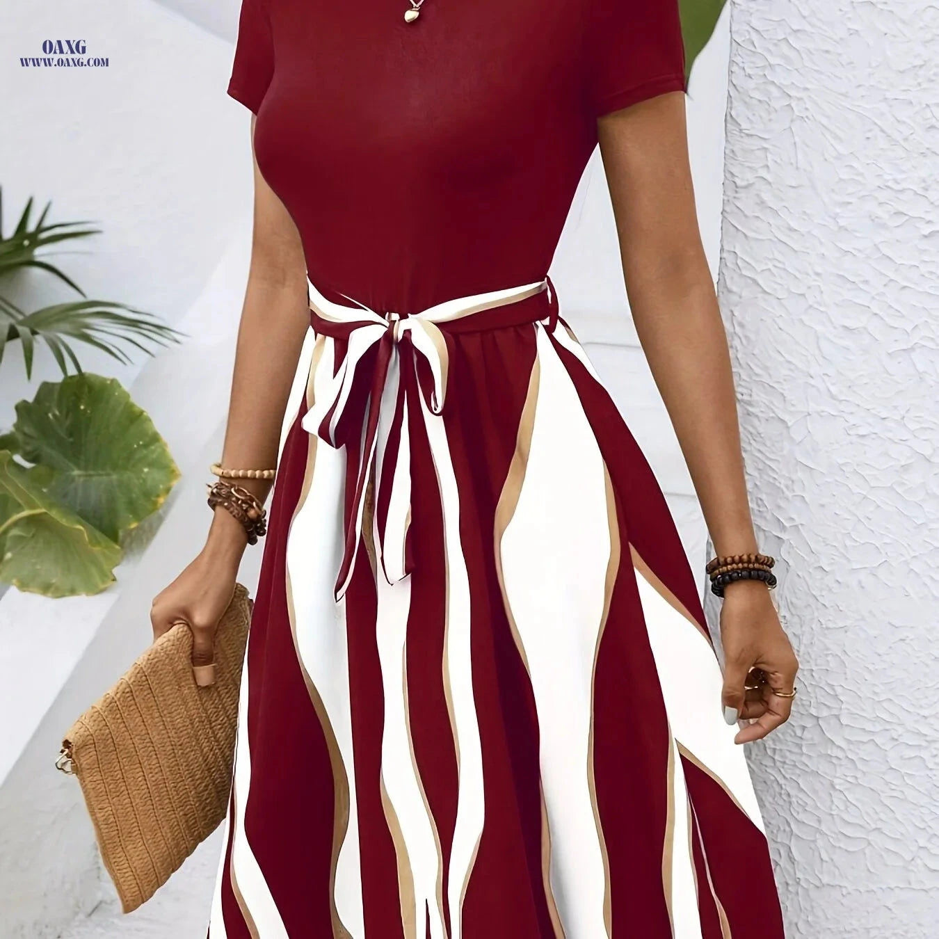 Elegant Color-Blocked Belted Dress - Fashionable Adult Style   OAXG 