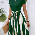 Elegant Color-Blocked Belted Dress - Fashionable Adult Style   OAXG 