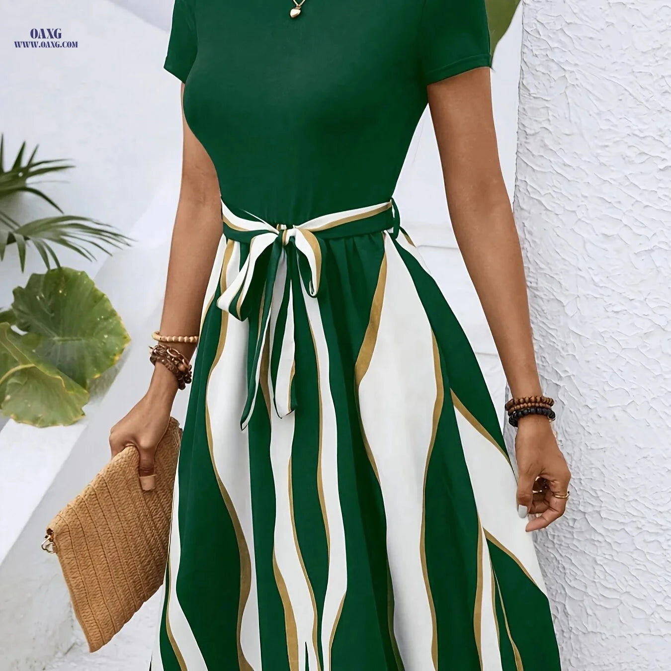 Elegant Color-Blocked Belted Dress - Fashionable Adult Style   OAXG 