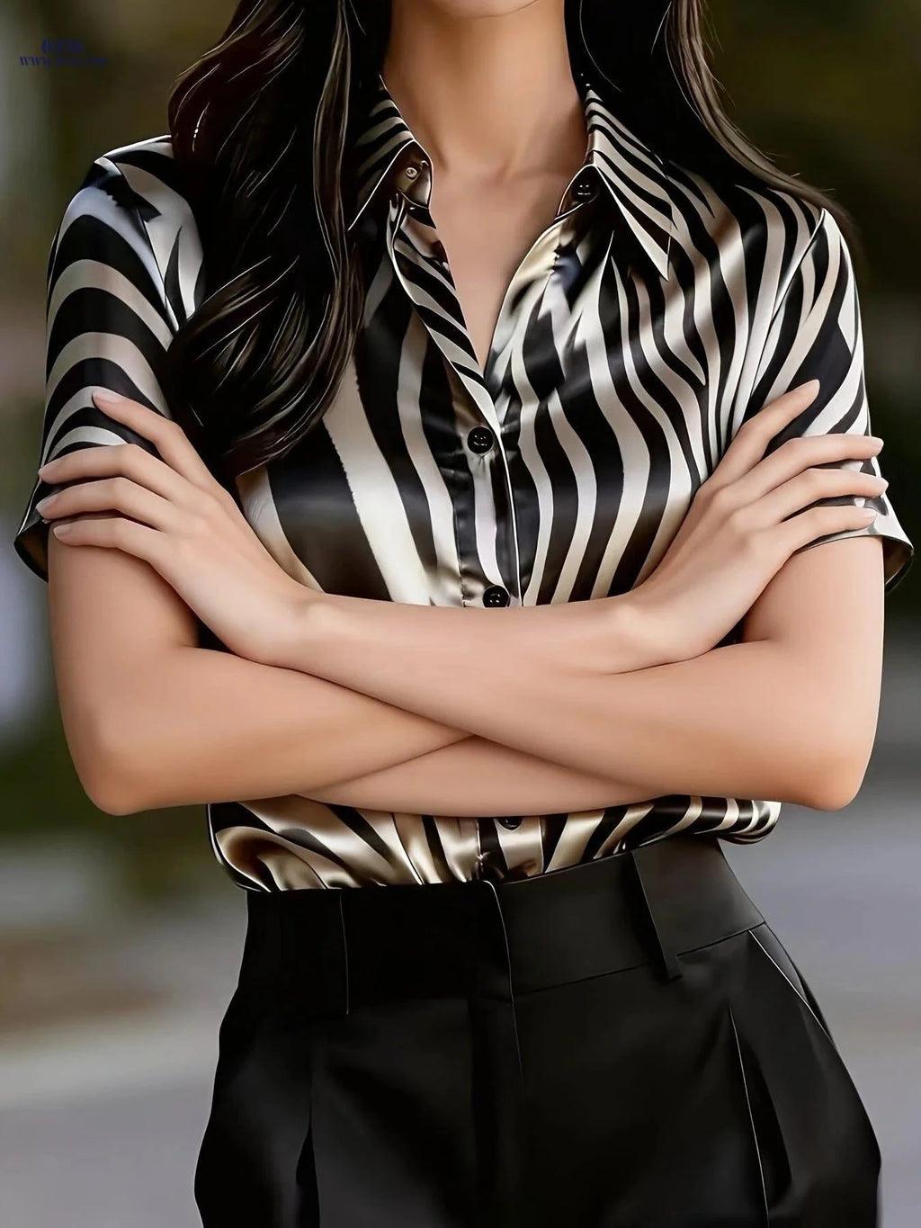 Elegant Color-Blocking Zebra Print Shirt - Spring/Summer Women's Wear   OAXG Black / S