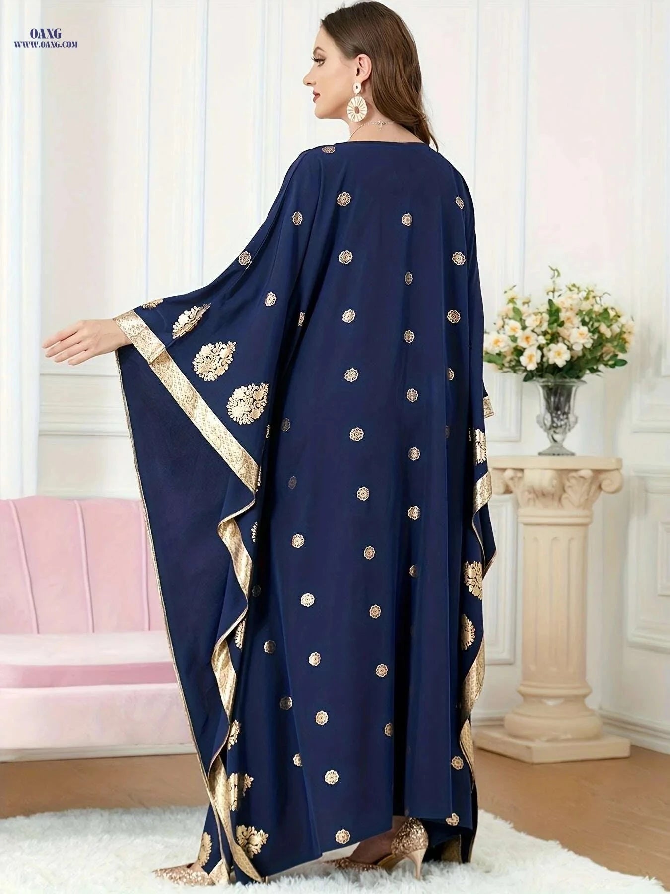 Elegant Crew Neck Kaftan Dress - Vibrant Print, Batwing Sleeves   OAXG Navy Blue / One-size