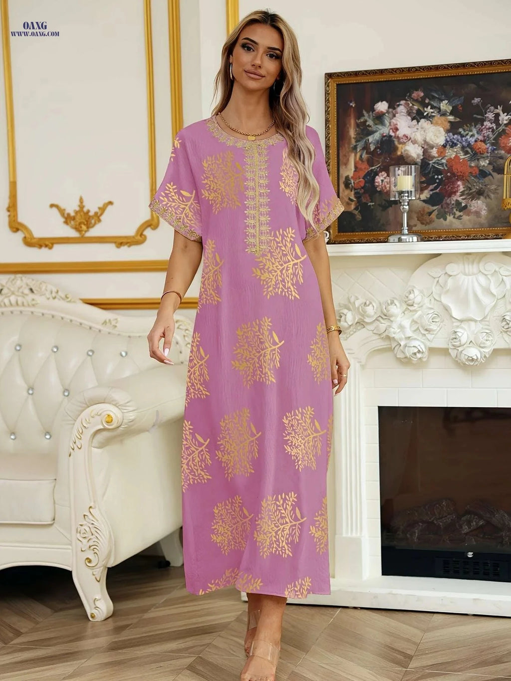 Elegant Crew Neck Short Sleeve Abaya Dress - Maxi Length Style   OAXG 