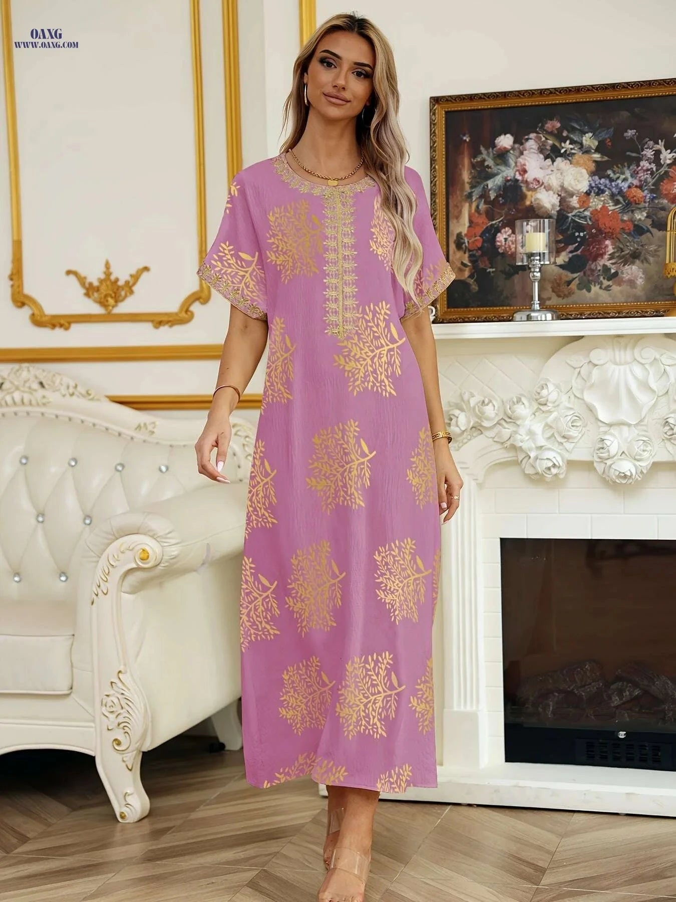 Elegant Crew Neck Short Sleeve Abaya Dress - Maxi Length Style   OAXG 