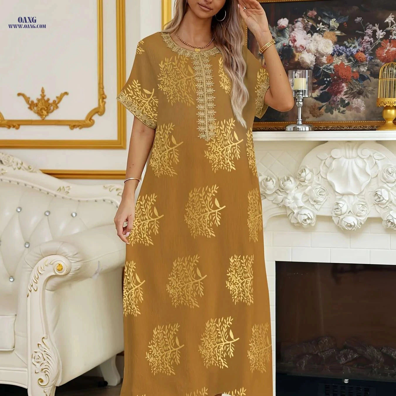 Elegant Crew Neck Short Sleeve Abaya Dress - Maxi Length Style   OAXG 
