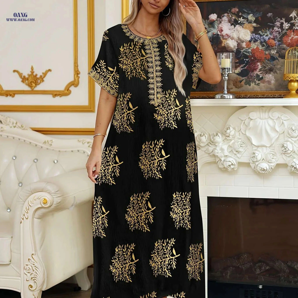 Elegant Crew Neck Short Sleeve Abaya Dress - Maxi Length Style   OAXG Black / S