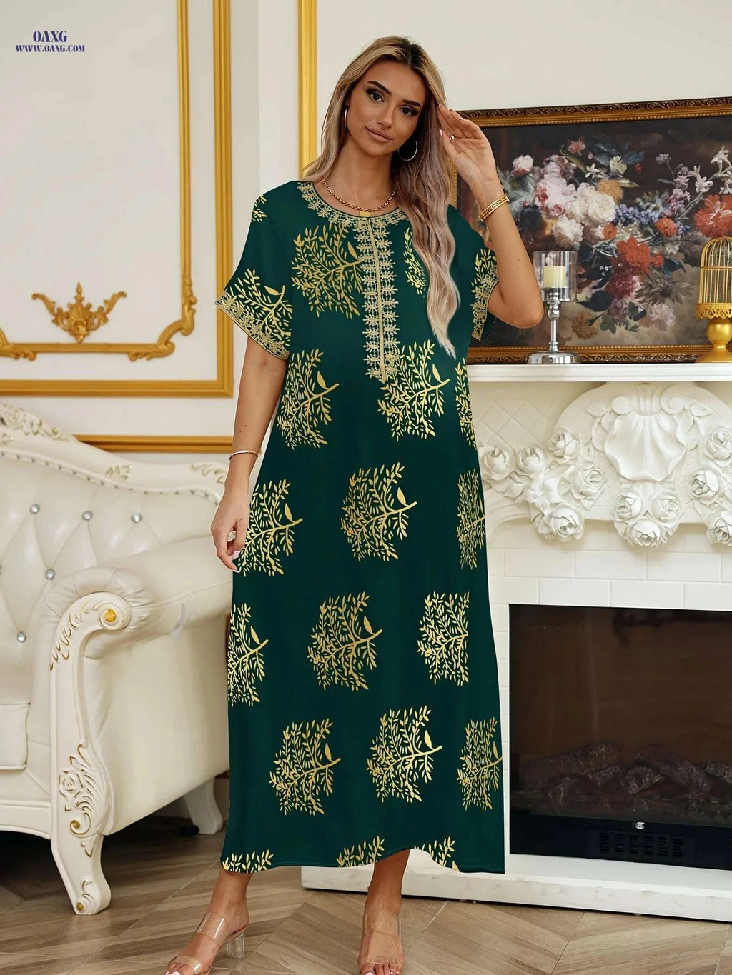 Elegant Crew Neck Short Sleeve Abaya Dress - Maxi Length Style   OAXG Black / S