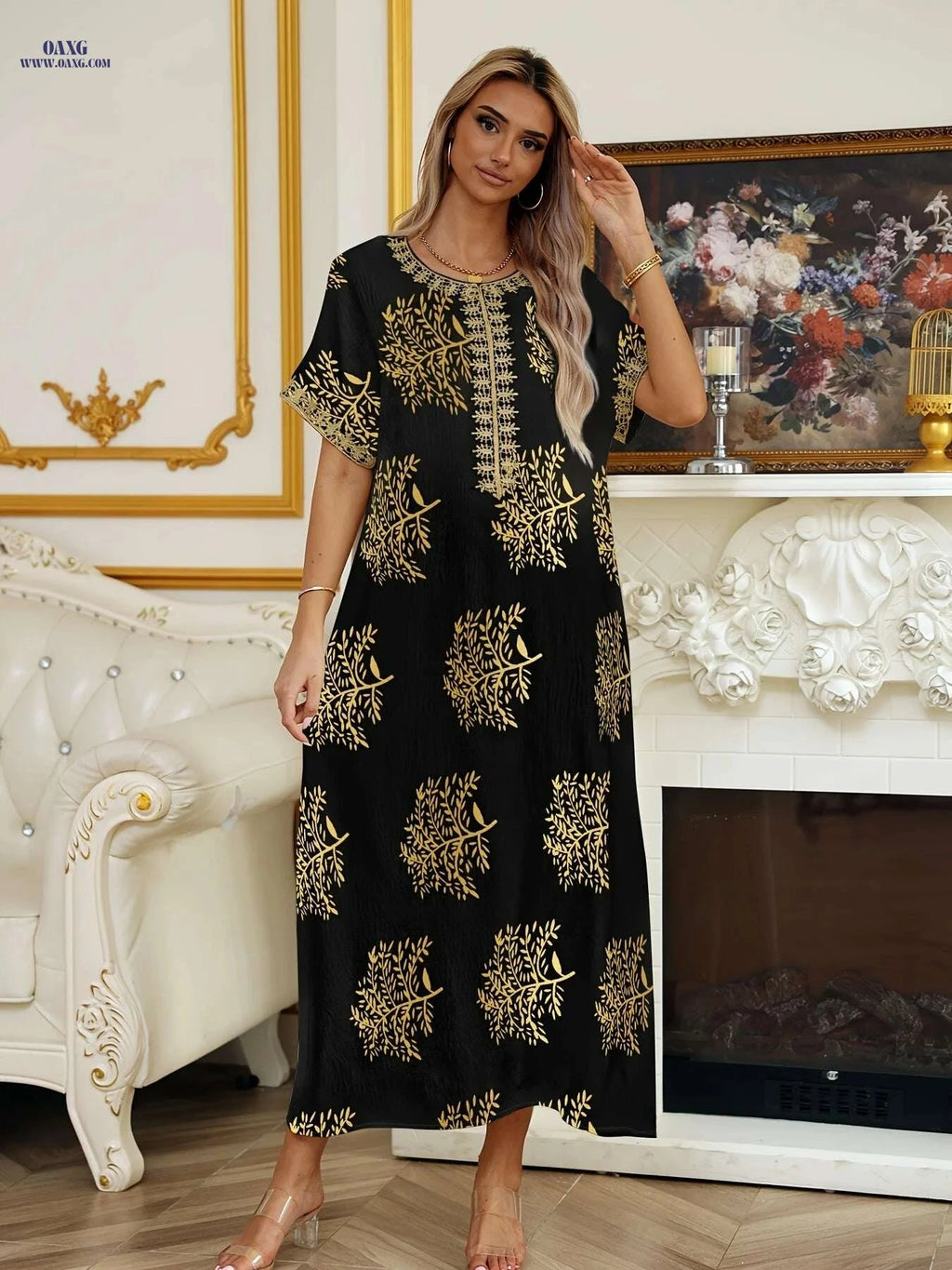 Elegant Crew Neck Short Sleeve Abaya Dress - Maxi Length Style   OAXG Black / S