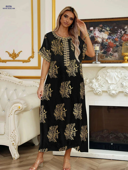 Elegant Crew Neck Short Sleeve Abaya Dress - Maxi Length Style   OAXG Black / S