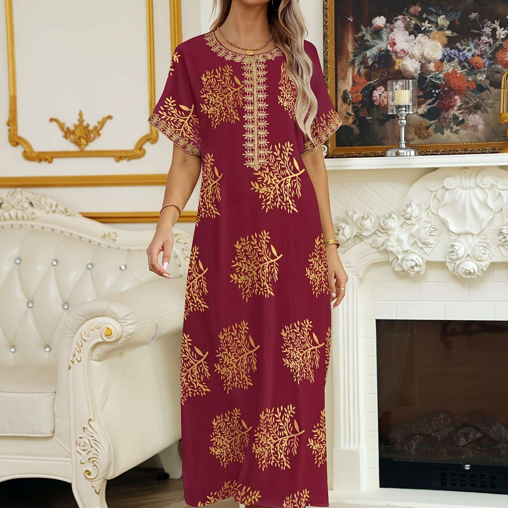 Elegant Crew Neck Short Sleeve Abaya Dress - Maxi Length Style   OAXG 
