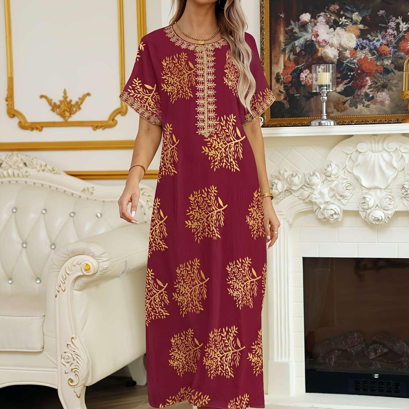 Elegant Crew Neck Short Sleeve Abaya Dress - Maxi Length Style   OAXG 