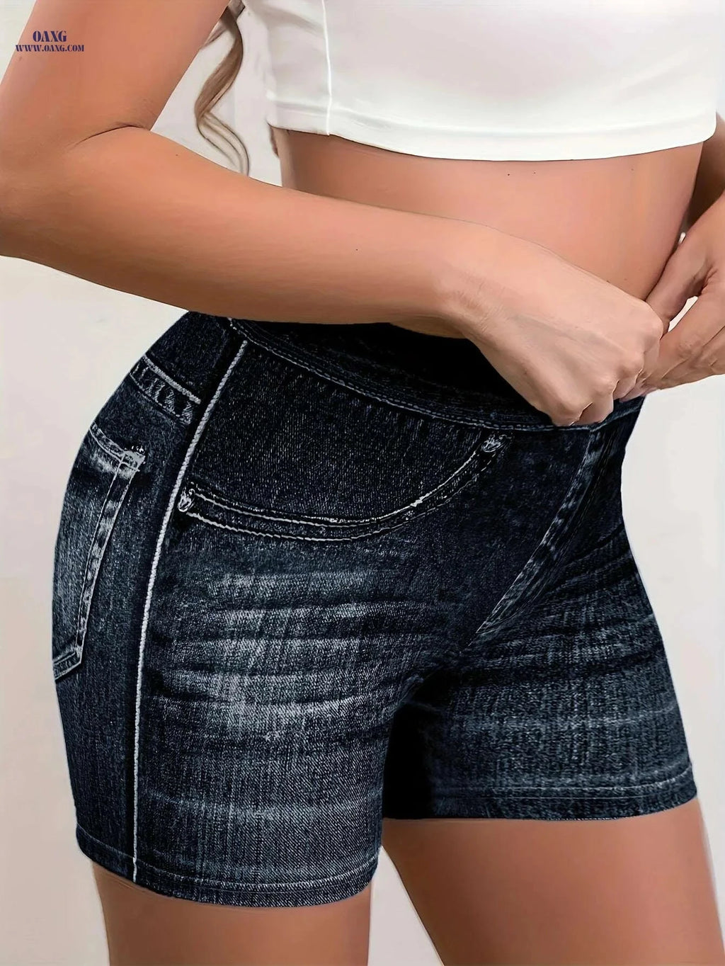 Elegant Dark Blue High-Waisted Stretch Shorts - Stylish for All Seasons   OAXG 