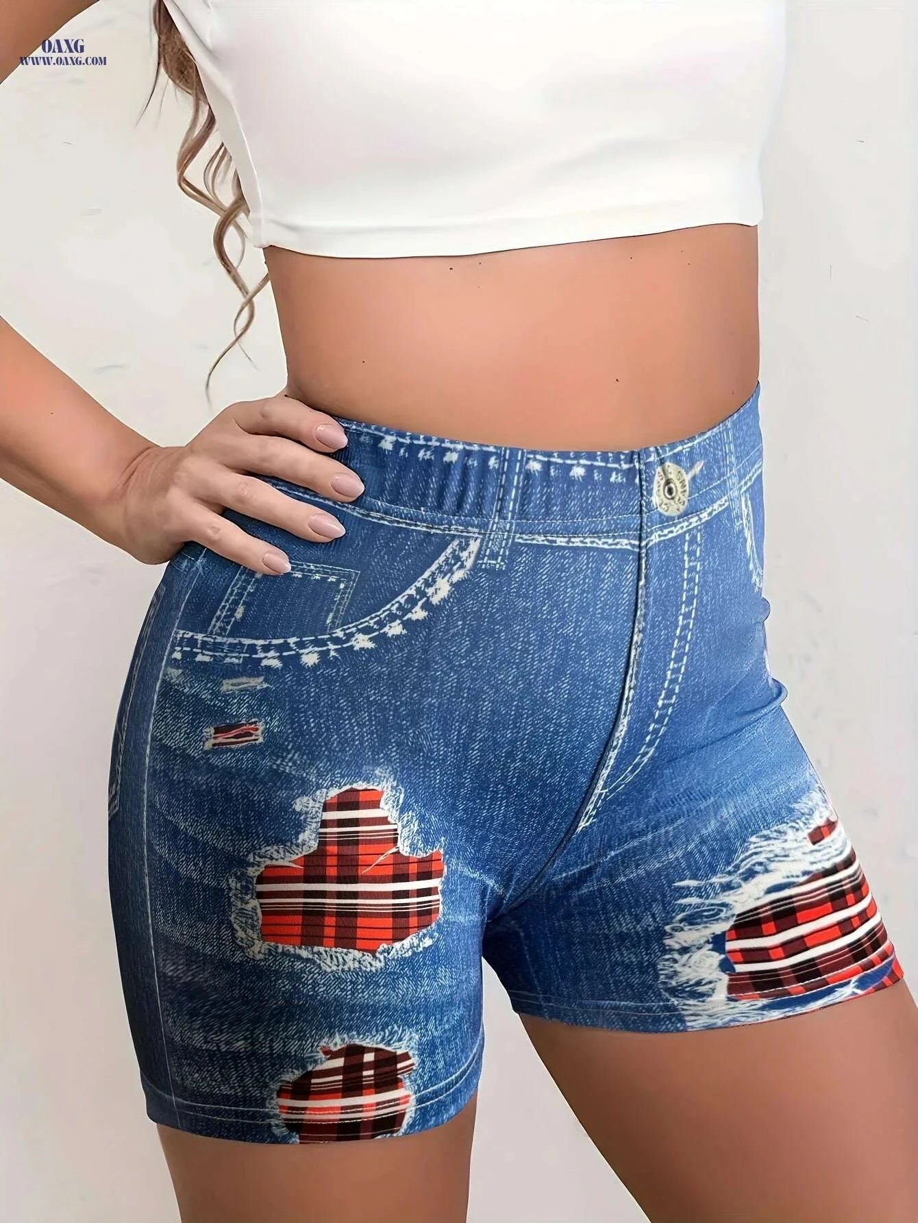 Elegant Dark Blue High-Waisted Stretch Shorts - Stylish for All Seasons   OAXG 