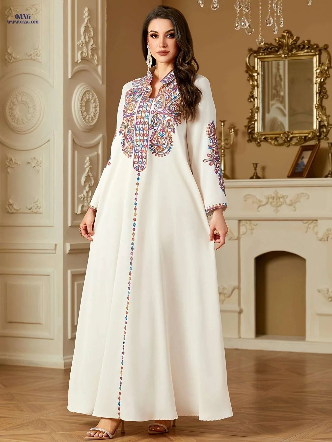 Elegant Dark Blue Kaftan Dress - Embroidered V-Neck, Long Sleeve   OAXG 