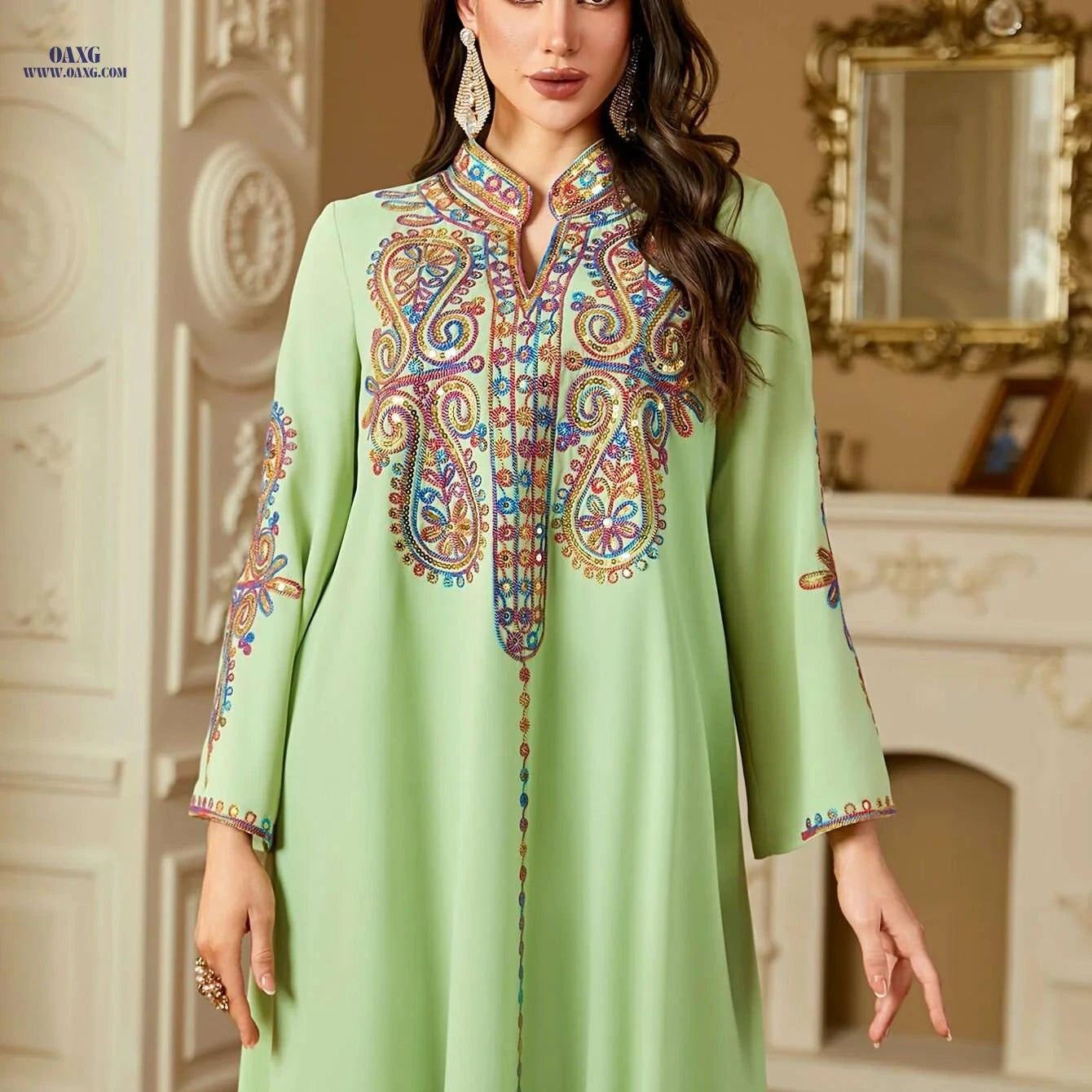 Elegant Dark Blue Kaftan Dress - Embroidered V-Neck, Long Sleeve   OAXG 