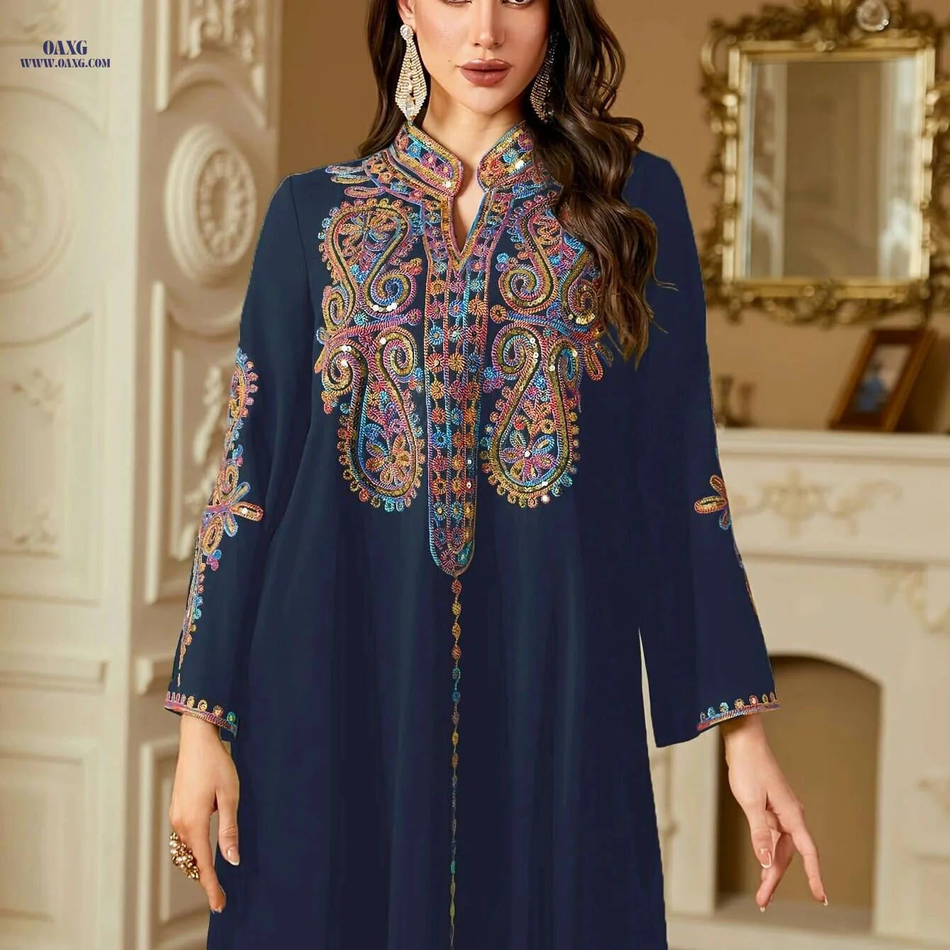 Elegant Dark Blue Kaftan Dress - Embroidered V-Neck, Long Sleeve   OAXG 