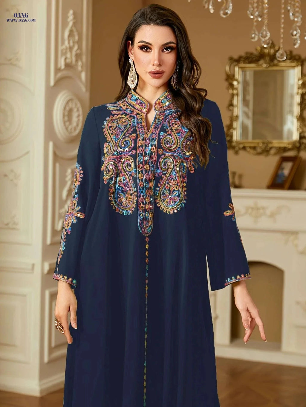 Elegant Dark Blue Kaftan Dress - Embroidered V-Neck, Long Sleeve   OAXG Apricot / M
