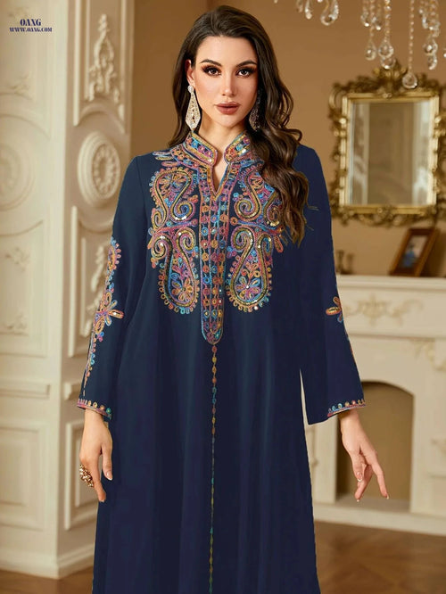 Elegant Dark Blue Kaftan Dress - Embroidered V-Neck, Long Sleeve   OAXG Apricot / M