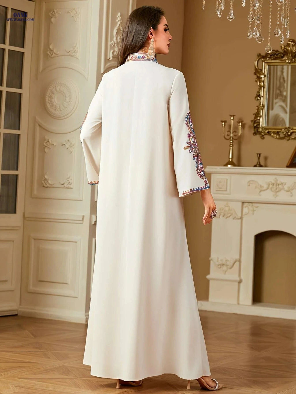 Elegant Dark Blue Kaftan Dress - Embroidered V-Neck, Long Sleeve   OAXG Apricot / M