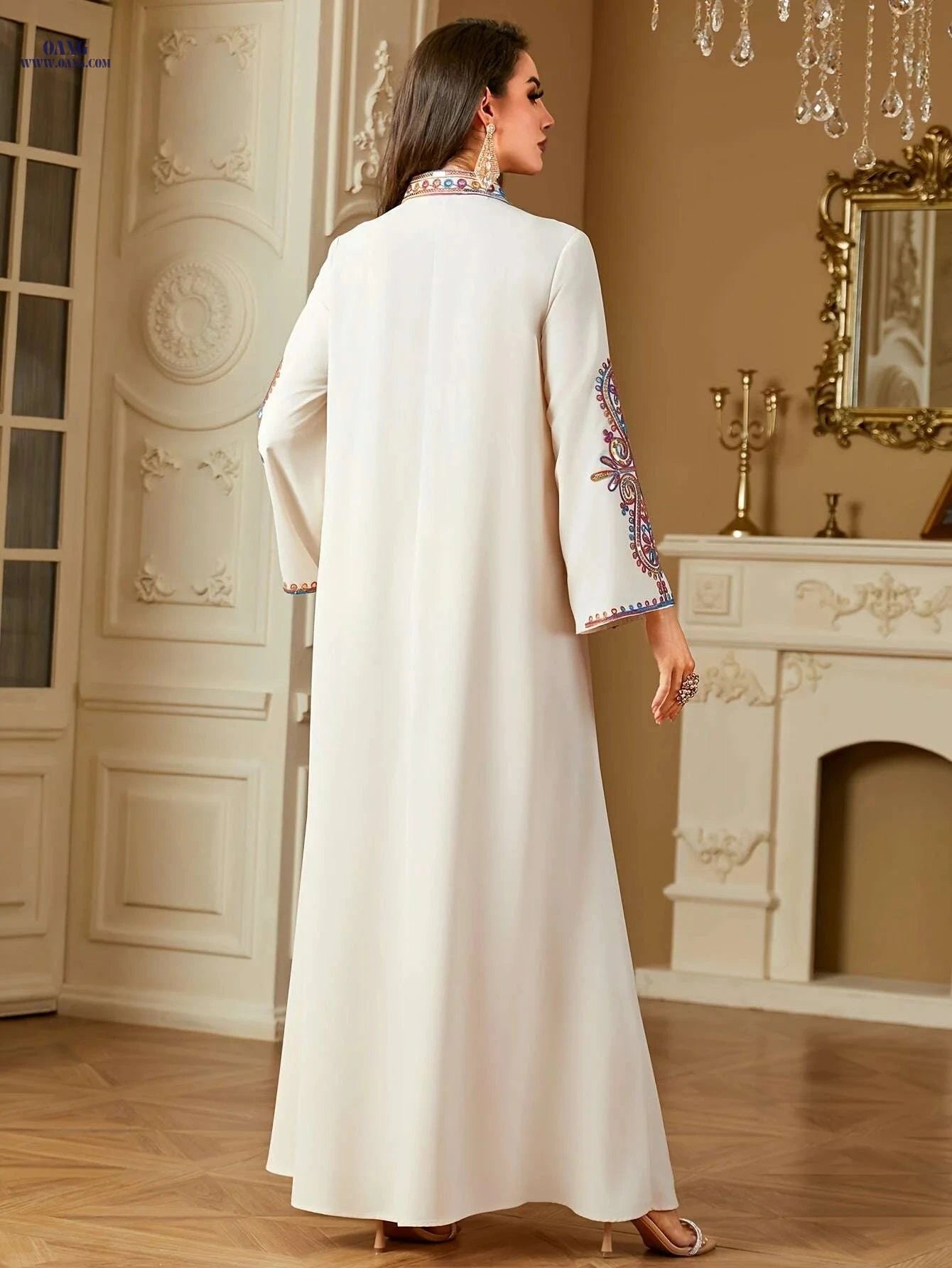 Elegant Dark Blue Kaftan Dress - Embroidered V-Neck, Long Sleeve   OAXG Apricot / M