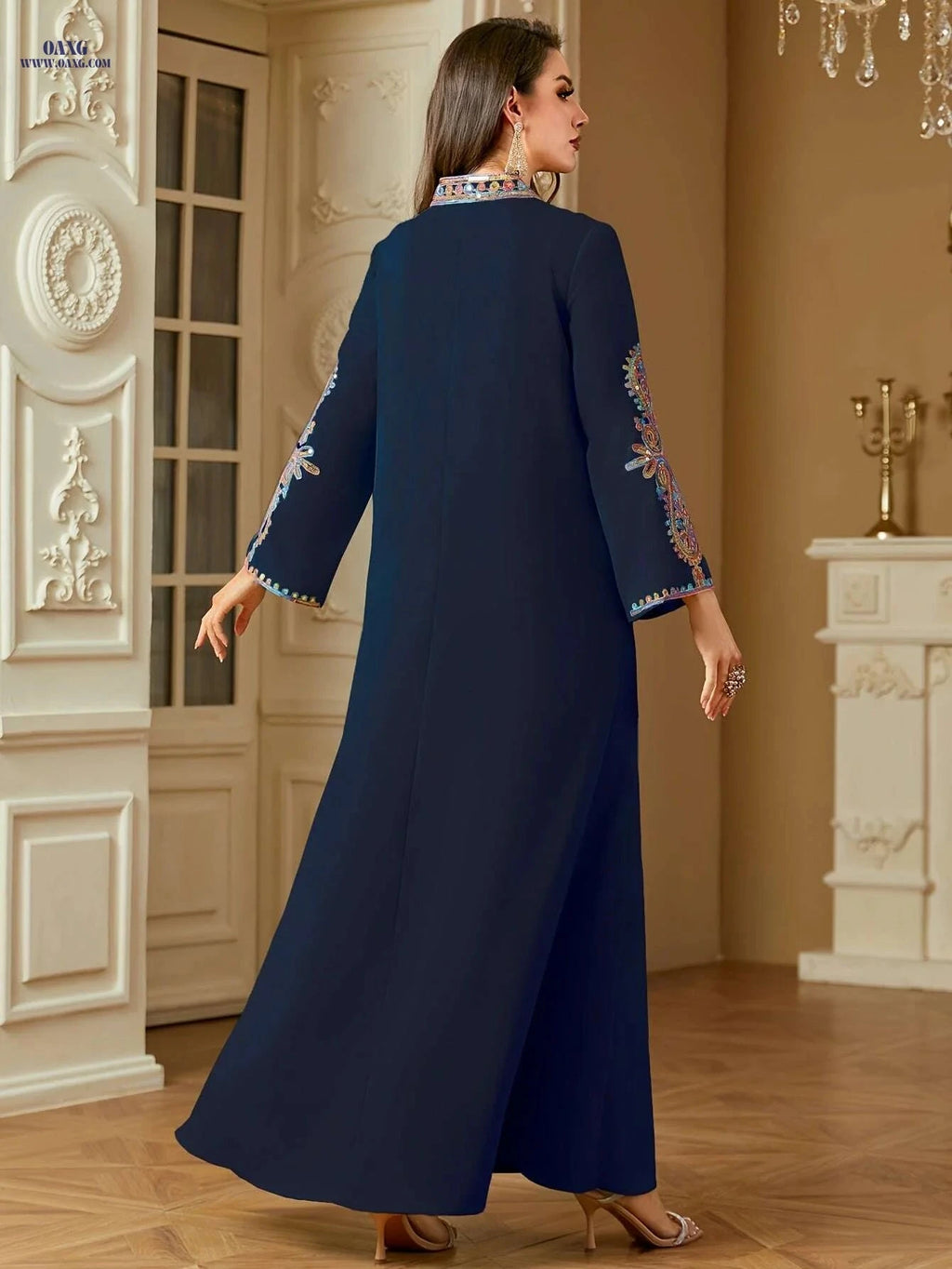 Elegant Dark Blue Kaftan Dress - Embroidered V-Neck, Long Sleeve   OAXG Apricot / M