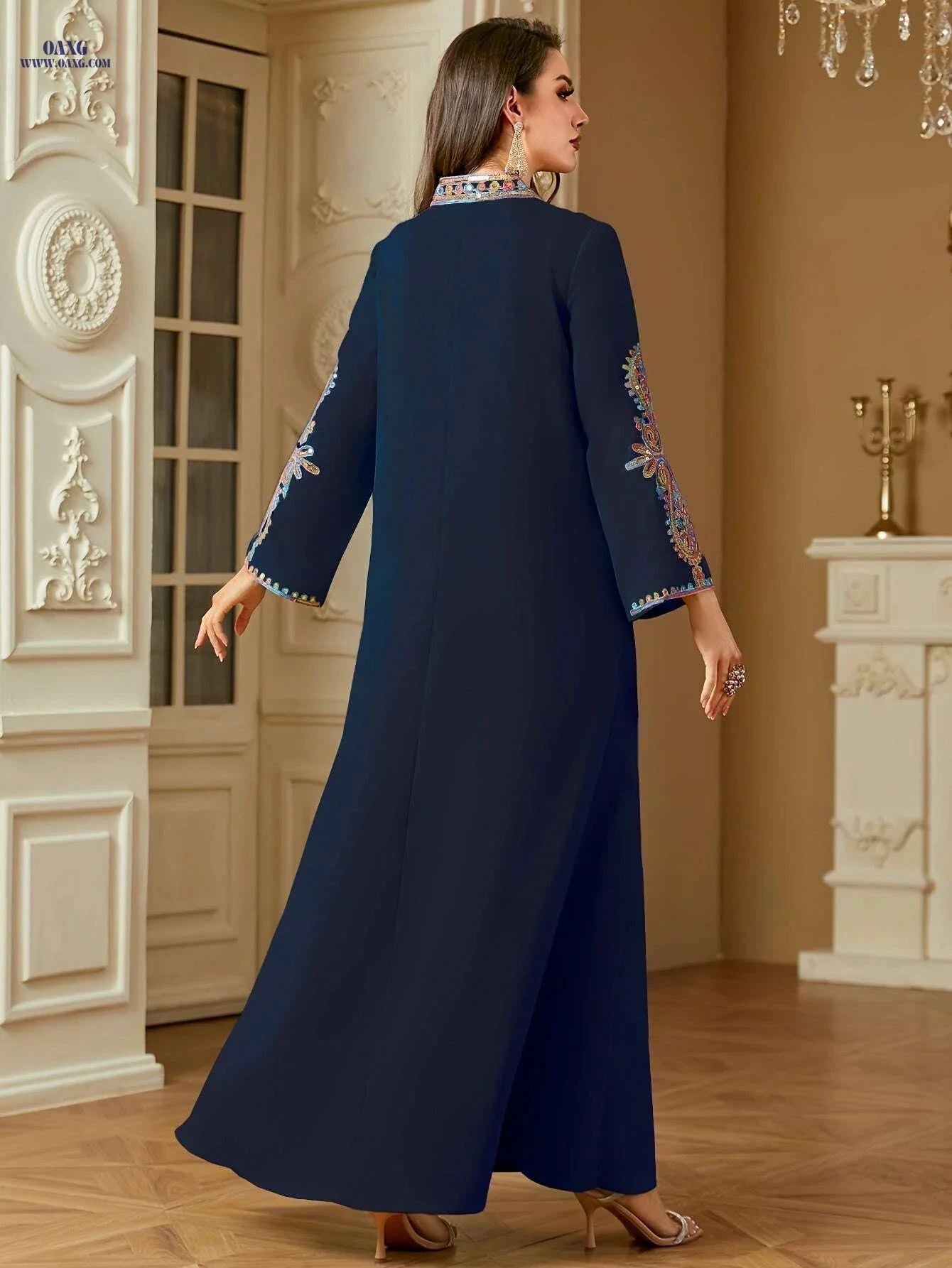 Elegant Dark Blue Kaftan Dress - Embroidered V-Neck, Long Sleeve   OAXG Apricot / M