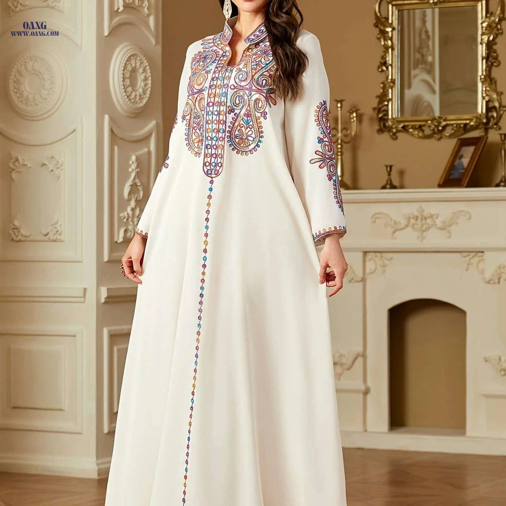 Elegant Dark Blue Kaftan Dress - Embroidered V-Neck, Long Sleeve   OAXG Apricot / M