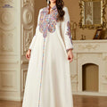 Elegant Dark Blue Kaftan Dress - Embroidered V-Neck, Long Sleeve   OAXG Apricot / M