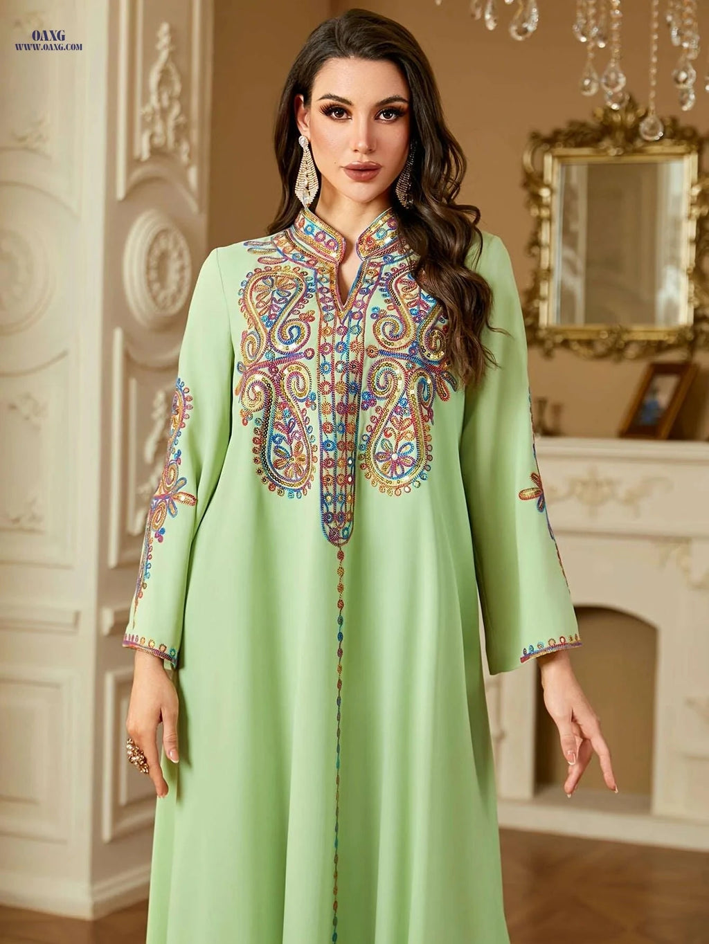 Elegant Dark Blue Kaftan Dress - Embroidered V-Neck, Long Sleeve   OAXG 