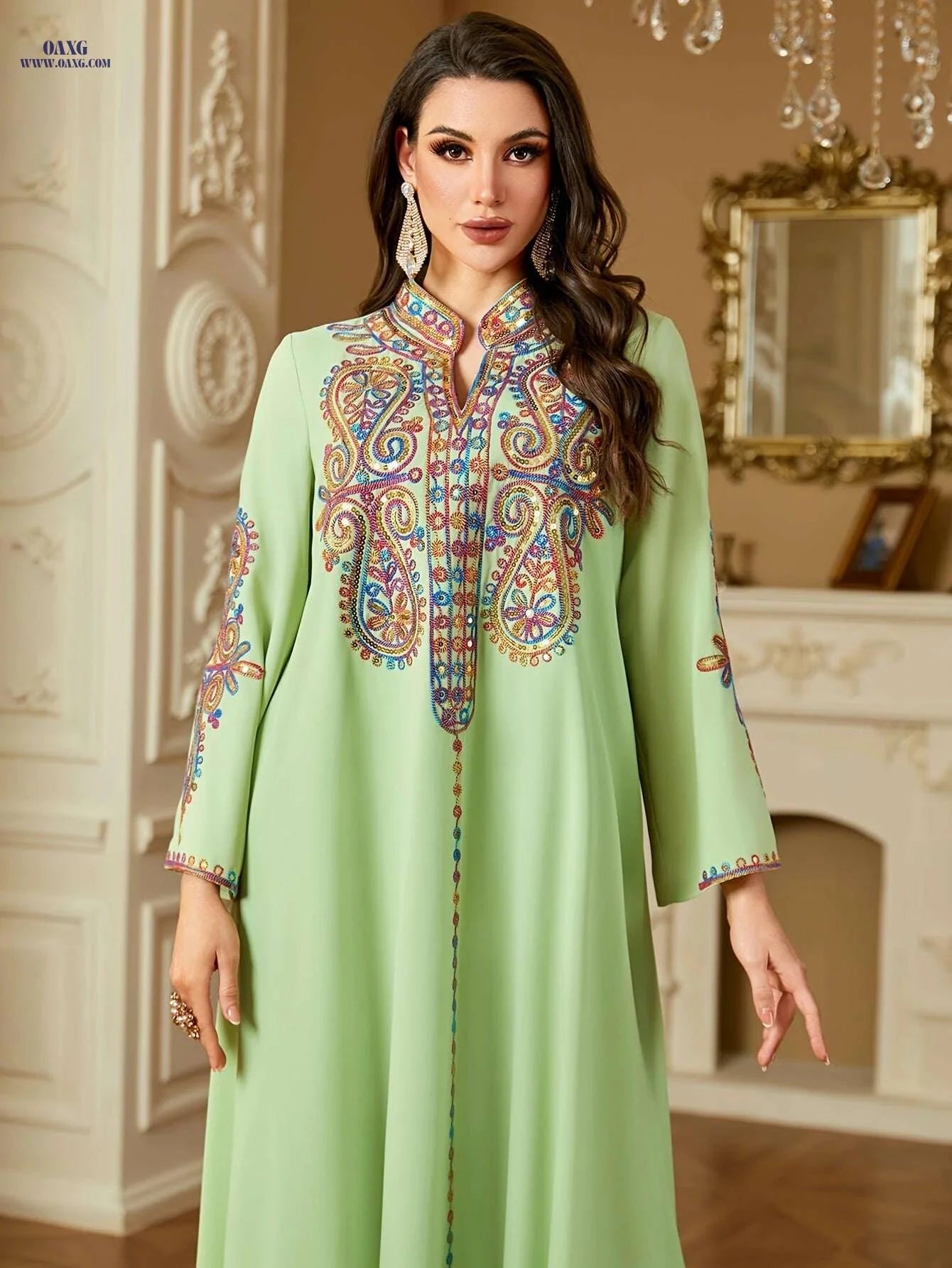 Elegant Dark Blue Kaftan Dress - Embroidered V-Neck, Long Sleeve   OAXG 