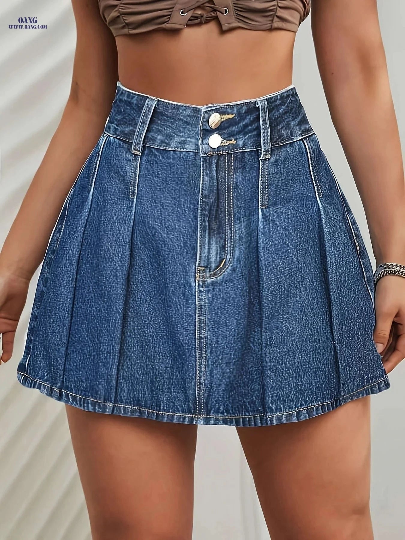 Elegant Denim Pleated Mini Skirt - Perfect for Spring and Summer   OAXG 